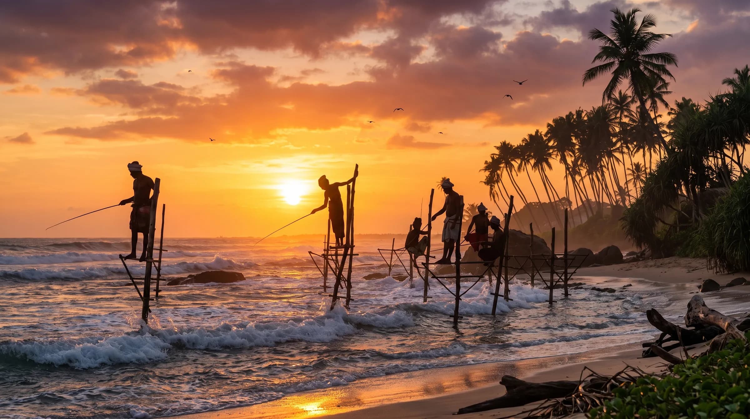 Traditional stilt fishermen working the surf at sunset on Sri Lanka's southern coast
