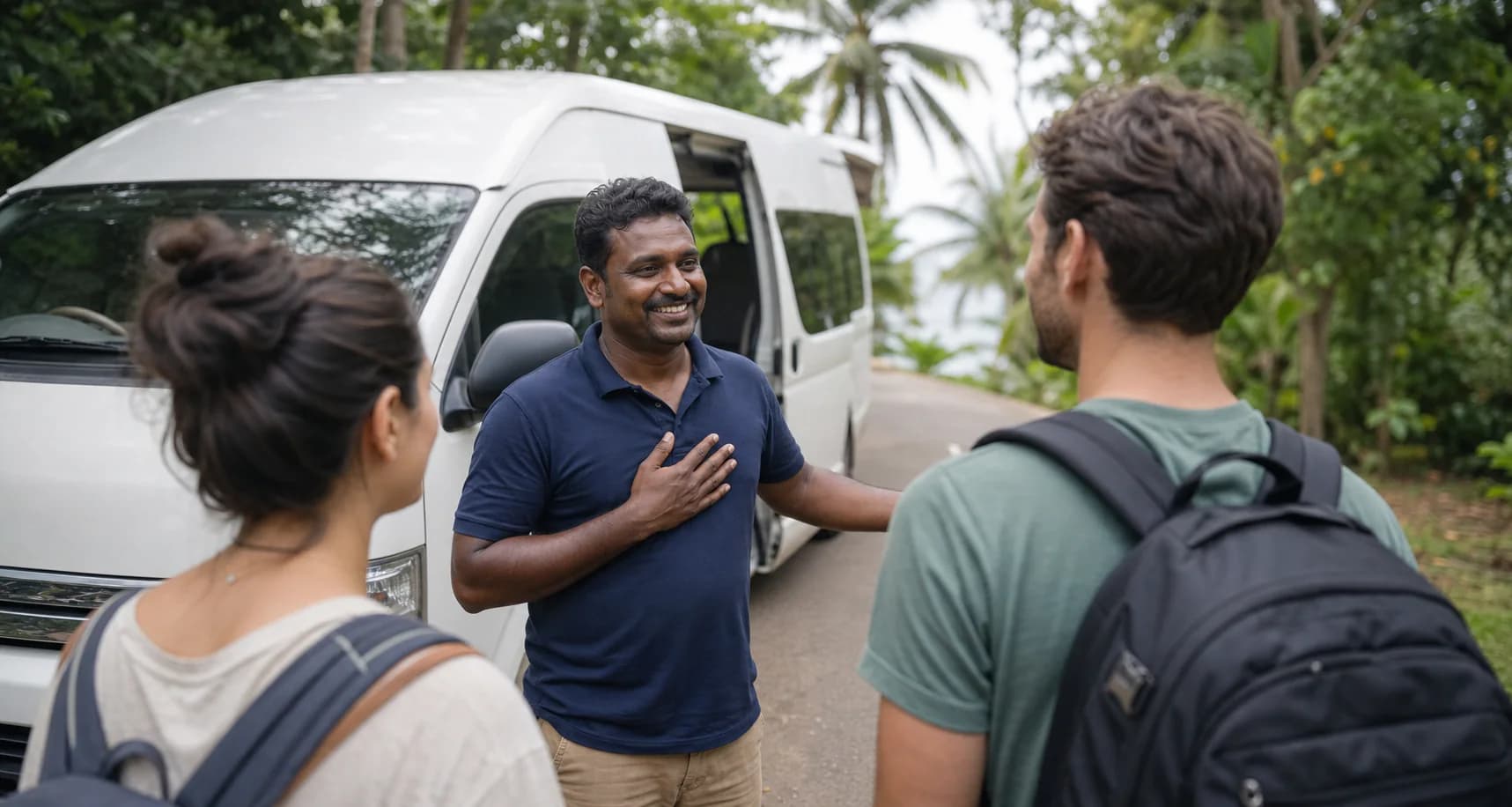 Illustrative view of a local driver-guide welcoming travelers beside a private vehicle
